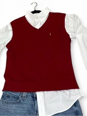 Ralph Lauren Red V-Neck Sweater Vest with Polo Pony